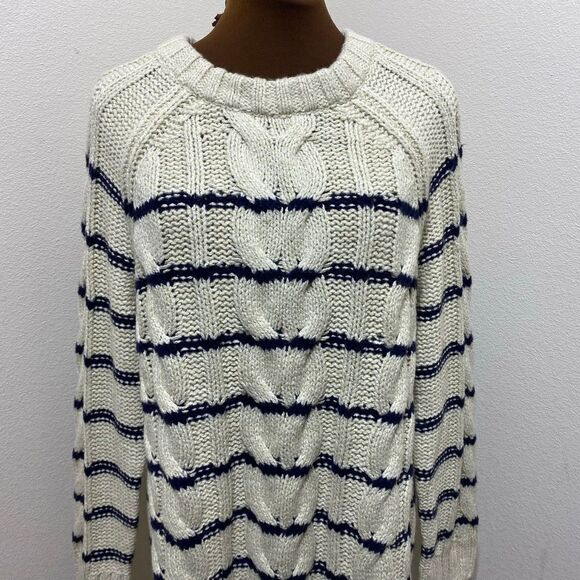 J Jill Womens Sweater Ivory Blue Stripe Cable Knit Nautical Crew Neck Medium - Picture 2 of 7
